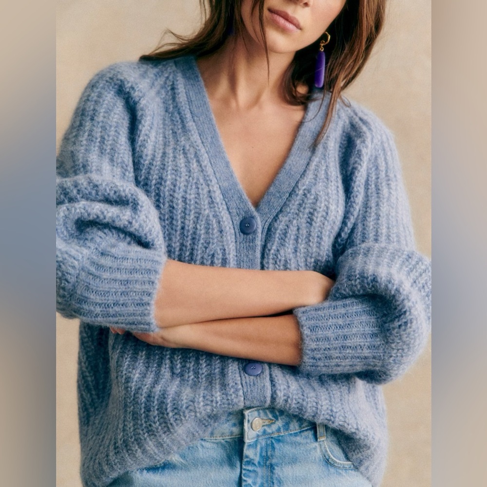 Sezane Basile Blue Mohair Blend Ribbed V-Neck Cardigan